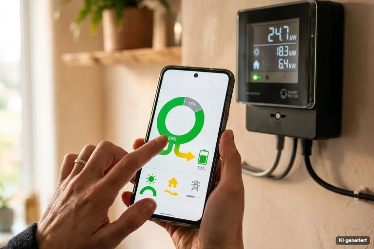 Hand mit Smartphone-App vor einem digitalen Stromzähler