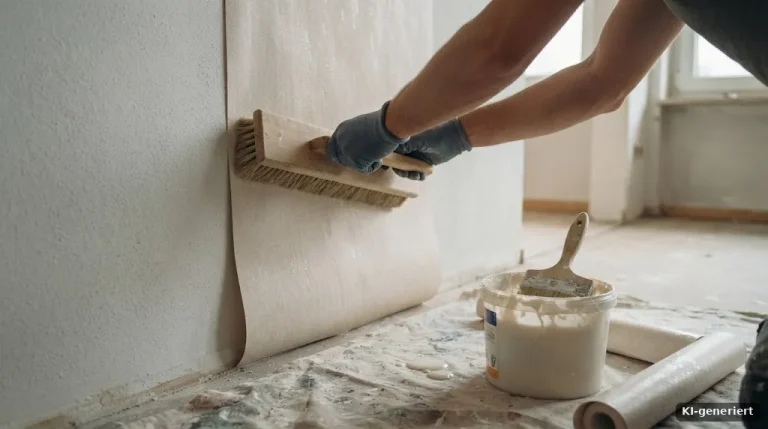 Tapetenbahn wird mit Tapezierbürste an die Wand gestrichen, Kleistereimer am Boden