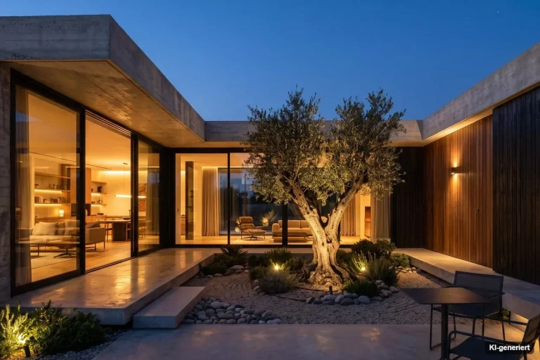 Beleuchtete Terrasse eines modernen Hauses am Abend