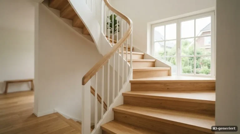 Frisch geschliffene und geölte Holztreppe in einem hellen Einfamilienhaus