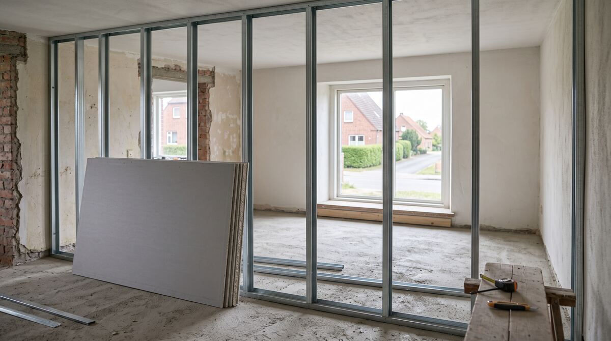 Metallständerwerk einer neuen Trennwand in einem leeren Zimmer