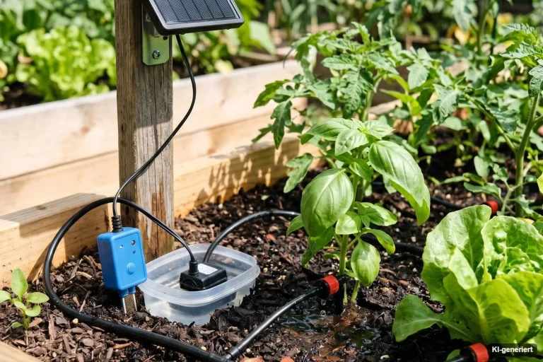 Solarbetriebene Tropfbewässerung in einem Hochbeet