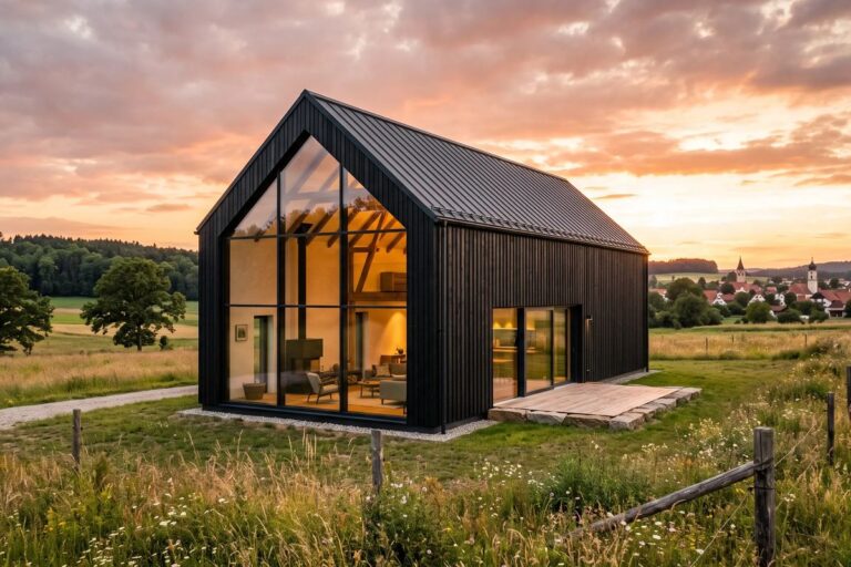 Modernes Einfamilienhaus mit Satteldach in ländlicher Umgebung bei Sonnenuntergang