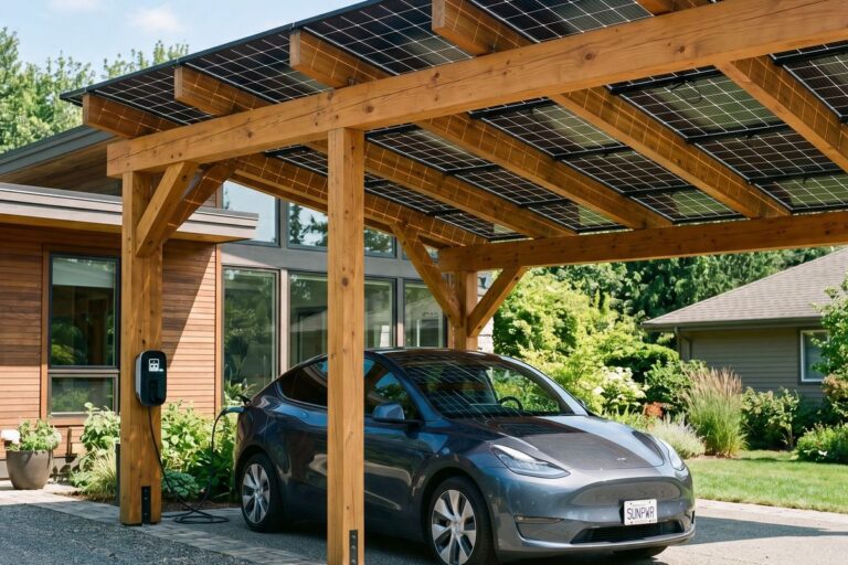 E-Auto lädt unter einem Solarcarport aus Holz
