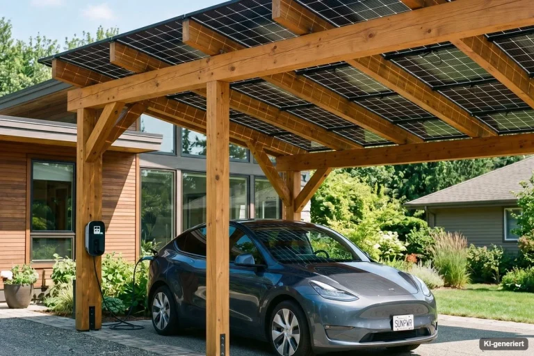 E-Auto lädt unter einem Solarcarport aus Holz