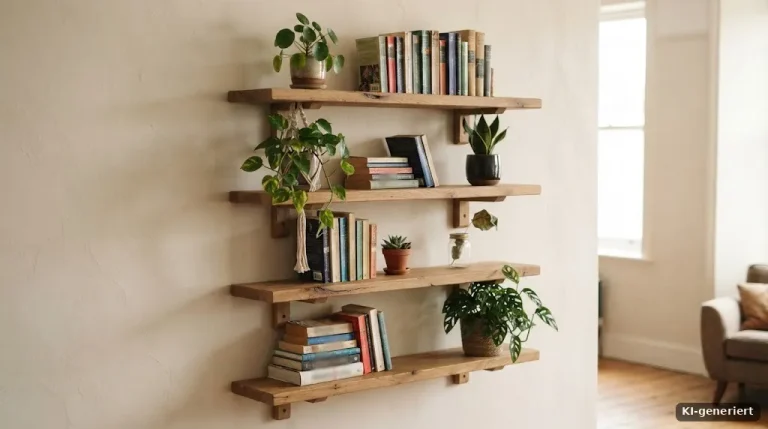 Selbstgebautes Wandregal aus Eichenholz mit Büchern und Pflanzen an einer hellen Wand