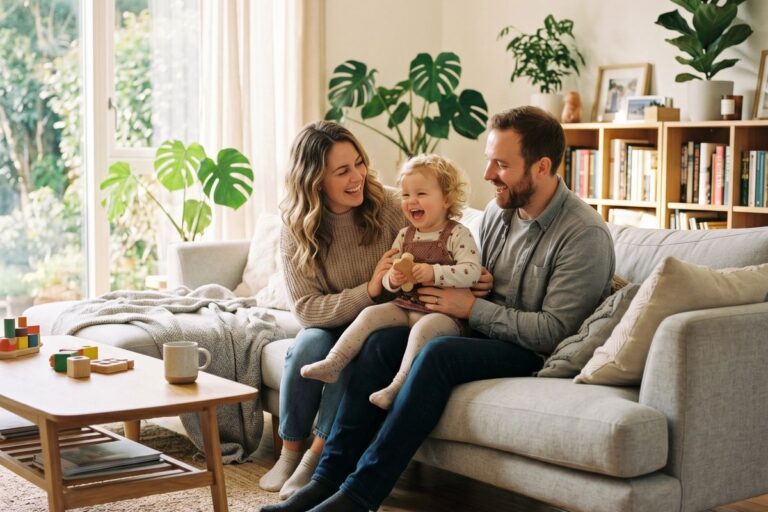 Familie mit Kleinkind entspannt auf dem Sofa im hellen Wohnzimmer